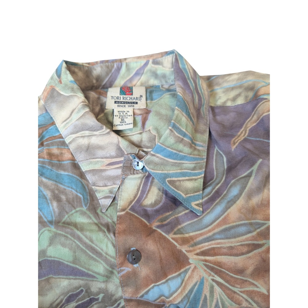 Tori Richard Honolulu Mens XL Cotton Lawn Hawaiian Shirt Tropical Leaf Blue‎